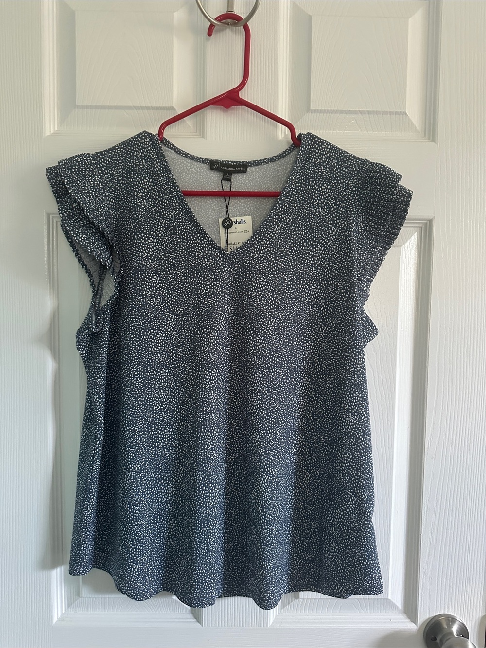 NWT Adrianna Papell Navy and White Speckled V-Neck Flutter Sleeve Top